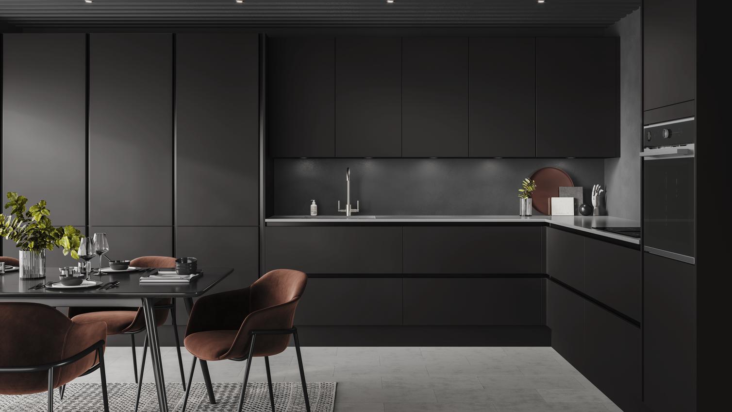 Handleless black kitchen idea using charcoal slab doors and black trims. Includes larders and drawers in a L-shaped layout.